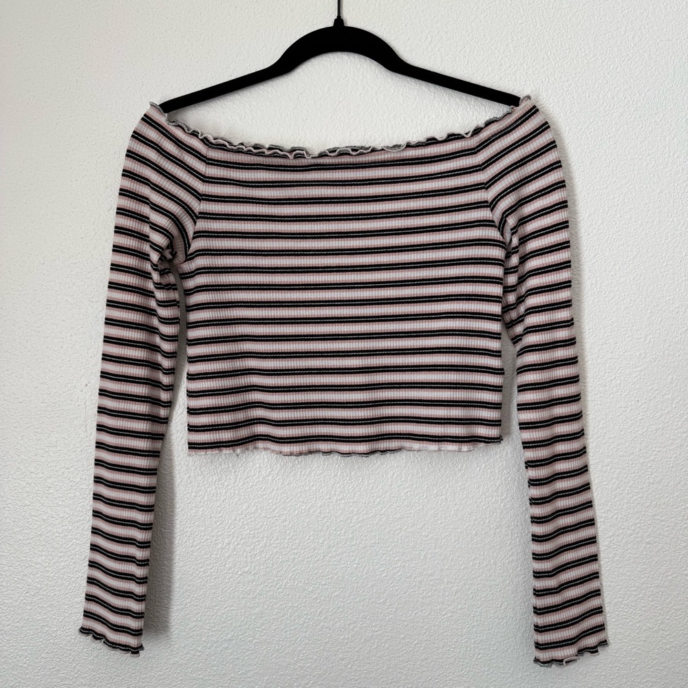 Pink and Black Striped Off Shoulder Long Sleeve Crop Top - Size M